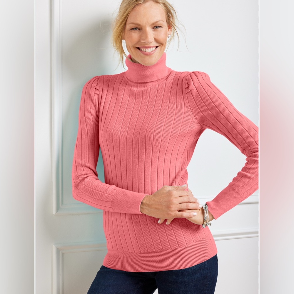 Talbots Puff-Sleeve Ribbed Knit Turtleneck Sweater Rose Pink Size S